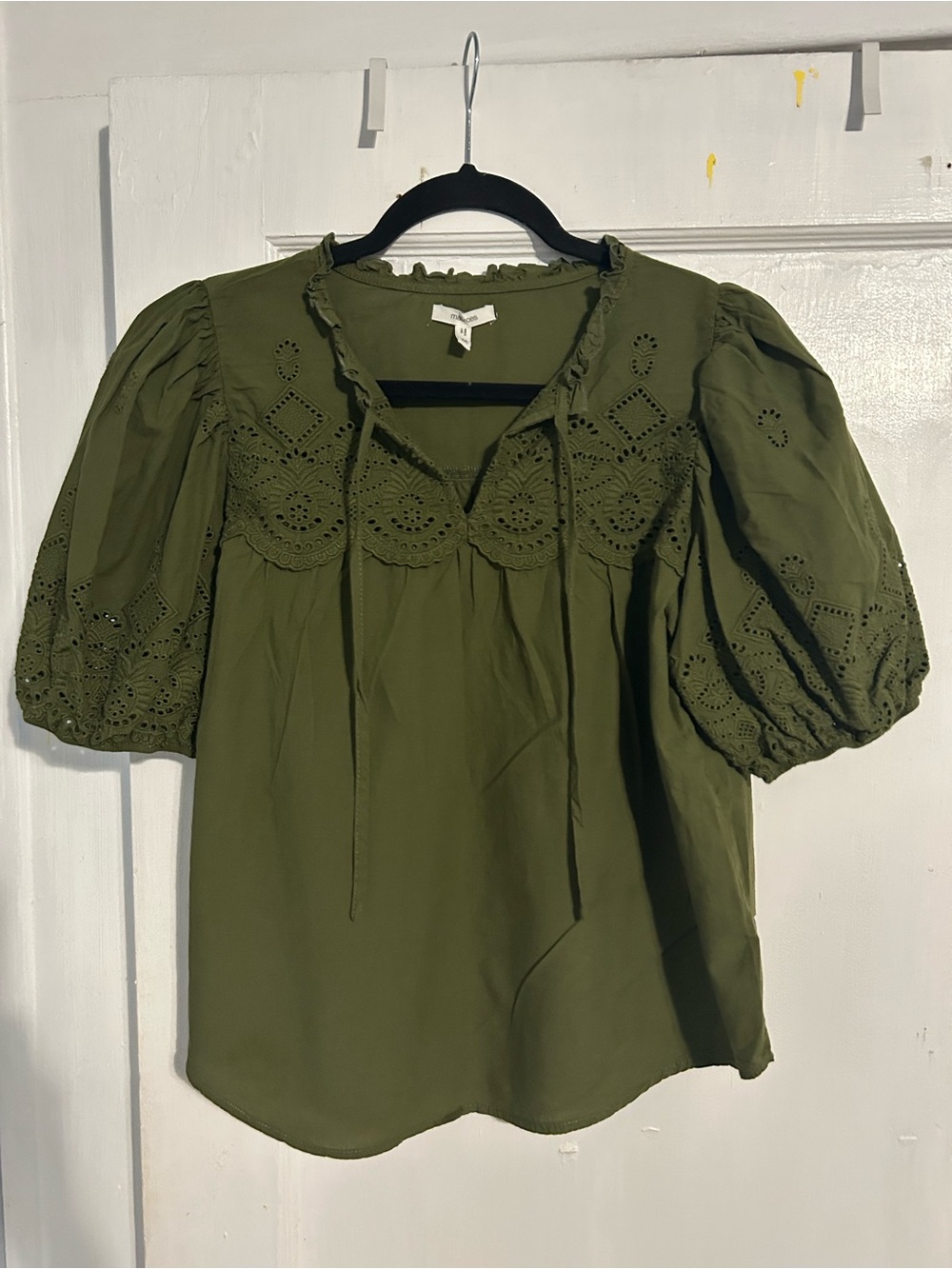 Maurices Olive Eyelet Puff-Sleeve Tie-Front Blouse